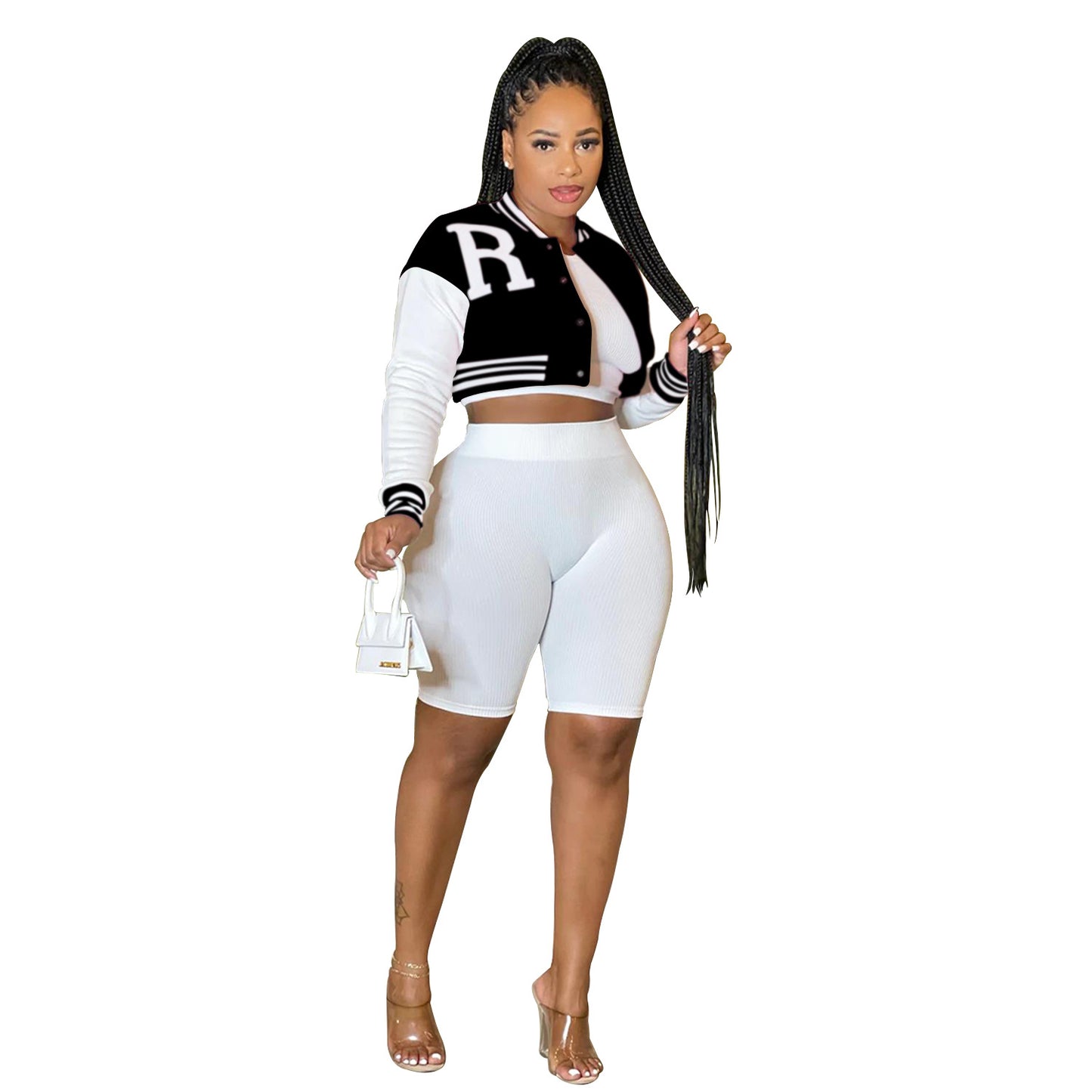 Women's Long Sleeve Crop Top Jacket with Lining Shorts Three-Piece Set
