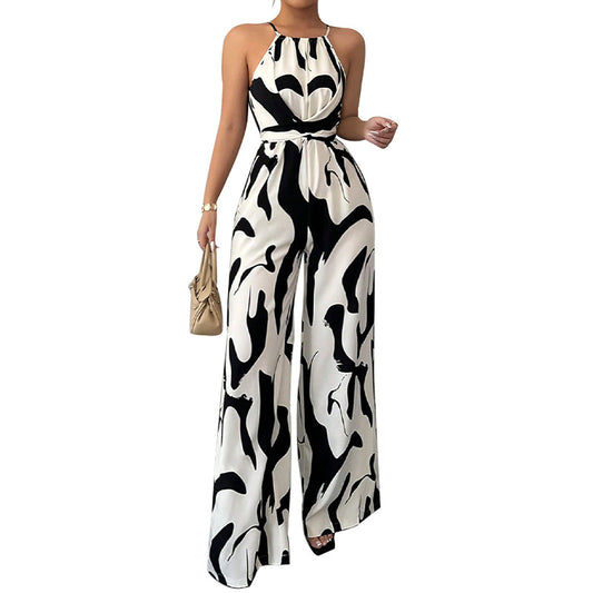 Zebra striped camisole jumpsuit with lace up wide leg pants for women