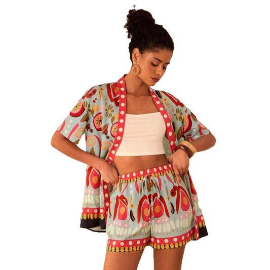 Women's European and American summer fashion casual printed cardigan short sleeved shorts set