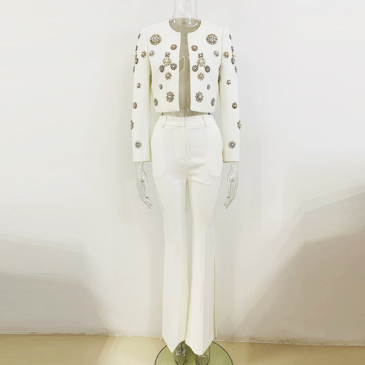 European and American fashion round neck heavy industry nail bead short jacket jacket, split flared pants set