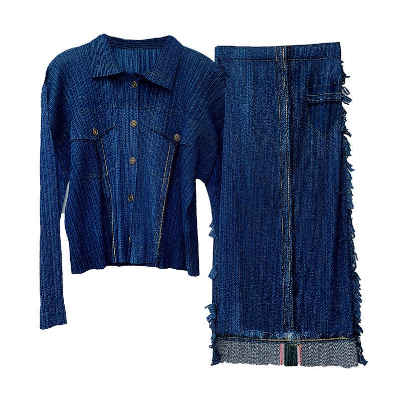 Autumn new fashionable denim suit women's long sleeved lapel top+high waisted pleated tassel skirt