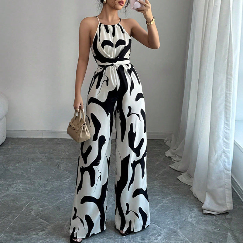 Zebra striped camisole jumpsuit with lace up wide leg pants for women