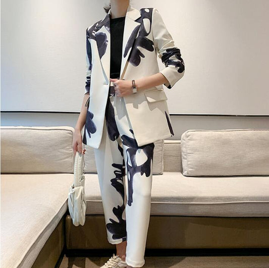 Casual Print Two Piece Set For Women Lapel Patchwork Diamond Tops High Waist Loose Pants Female Sets