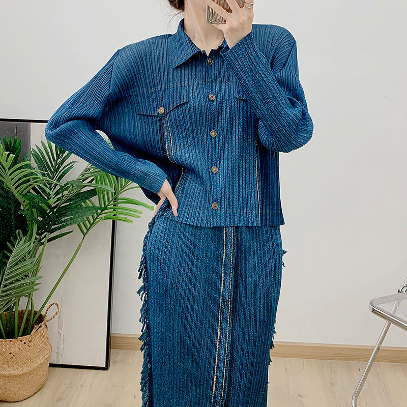 Autumn new fashionable denim suit women's long sleeved lapel top+high waisted pleated tassel skirt