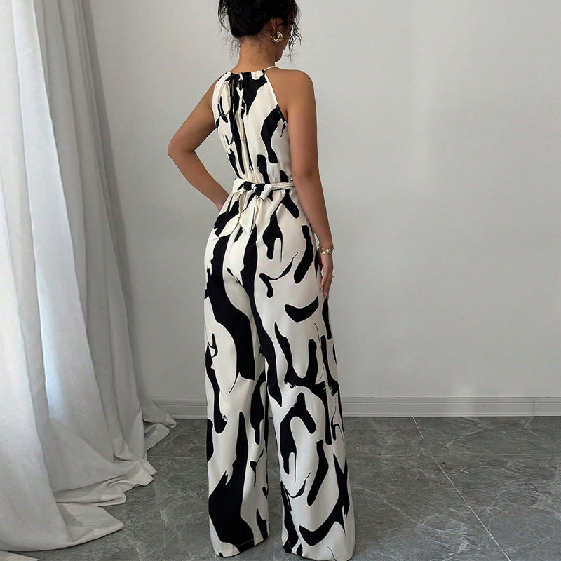 Zebra striped camisole jumpsuit with lace up wide leg pants for women