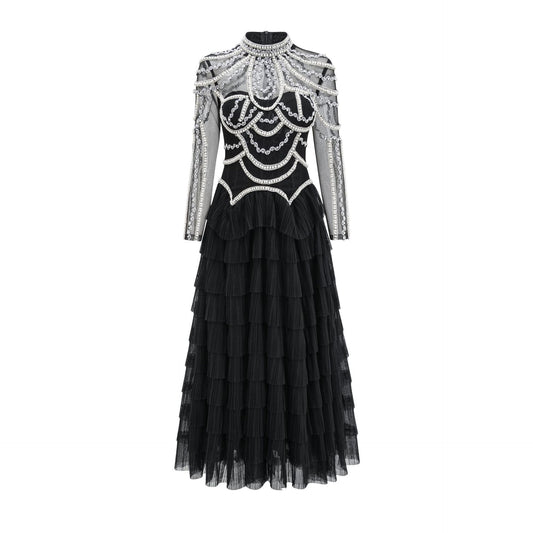 Elegant European and American Style Long Sleeve Beaded Dress Luxury Banquet Evening Gown Long Bridesmaid Dress