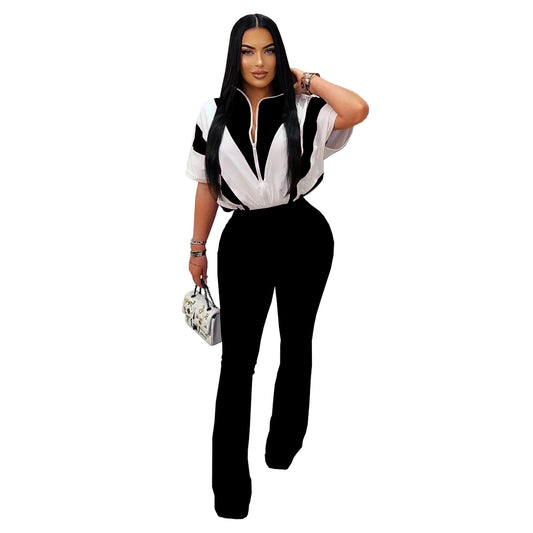 Women's Slim Fit Sporty Short Sleeve and Long Pants Two-Piece Set