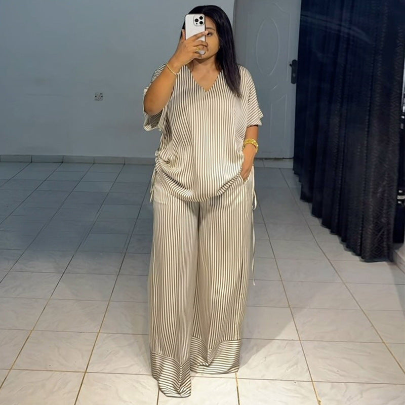 Women's Loose V-neck Striped Short-sleeved Top and Wide-leg Long Pants Set