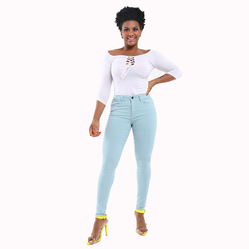 Autumn European and American style fashionable black high elasticity small foot plus size hip lifting women's jeans