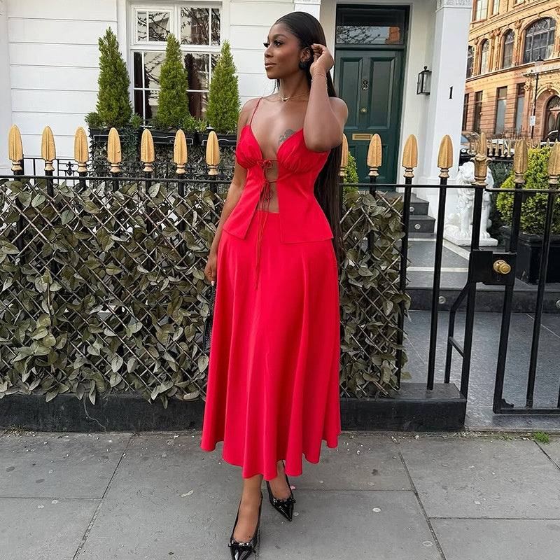 Women's Sexy Strapless Top with High-Waisted Skirt Set