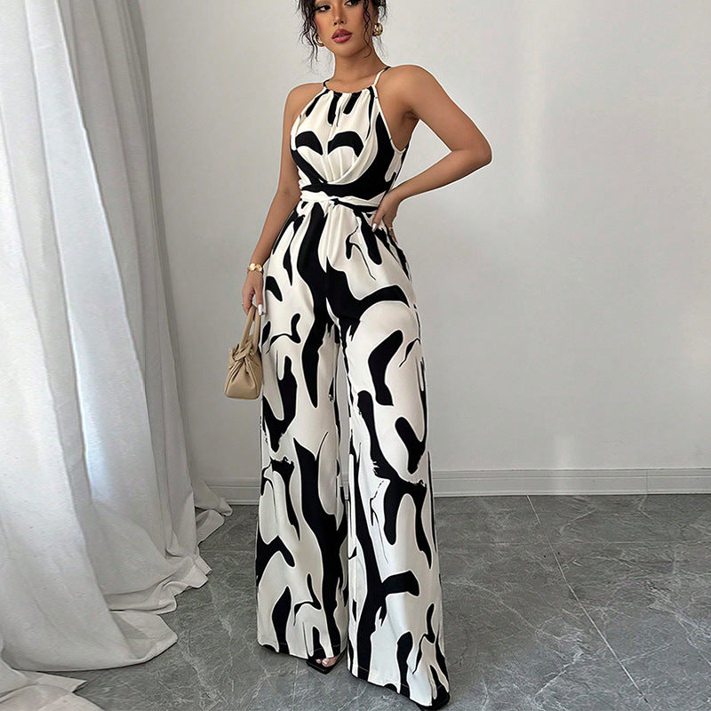 Zebra striped camisole jumpsuit with lace up wide leg pants for women