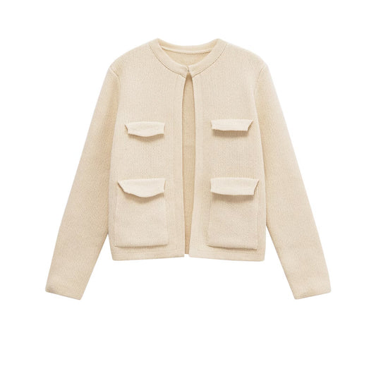 Women's European and American style pocket decoration round neck long sleeved jacket