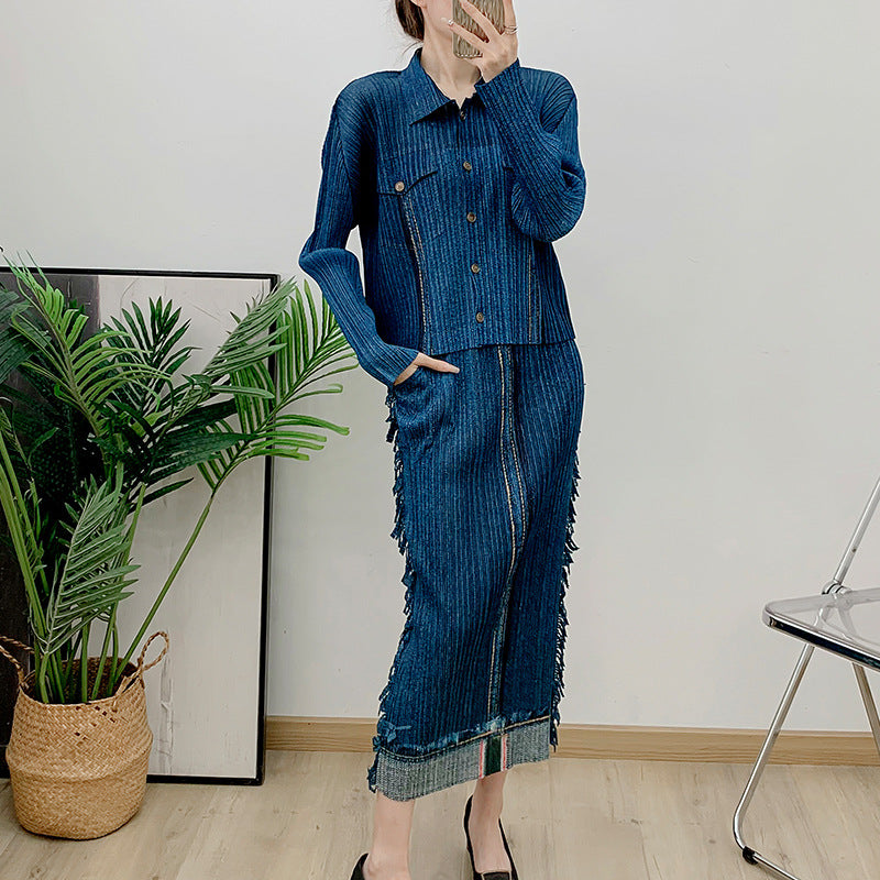 Autumn new fashionable denim suit women's long sleeved lapel top+high waisted pleated tassel skirt