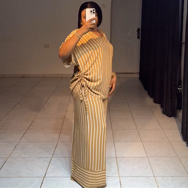 Women's Loose V-neck Striped Short-sleeved Top and Wide-leg Long Pants Set