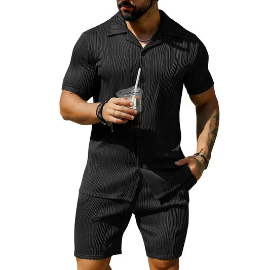 Wave pattern casual breathable solid color short sleeved shirt shorts set