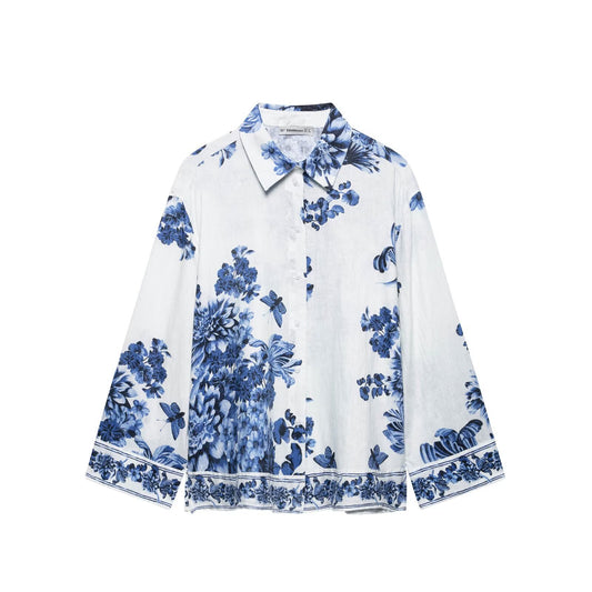 Women's collar long sleeved printed loose shirt top
