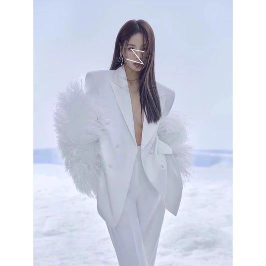 White Feather Personality Blazer Women New Lapel Long Sleeve Loose Fit Jacket Fashion Tide Spring Autumn