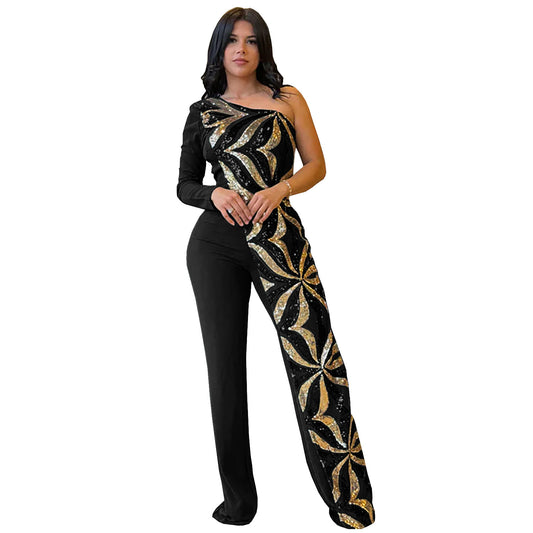 Women's Fitted One-Shoulder Beaded Capri Jumpsuit