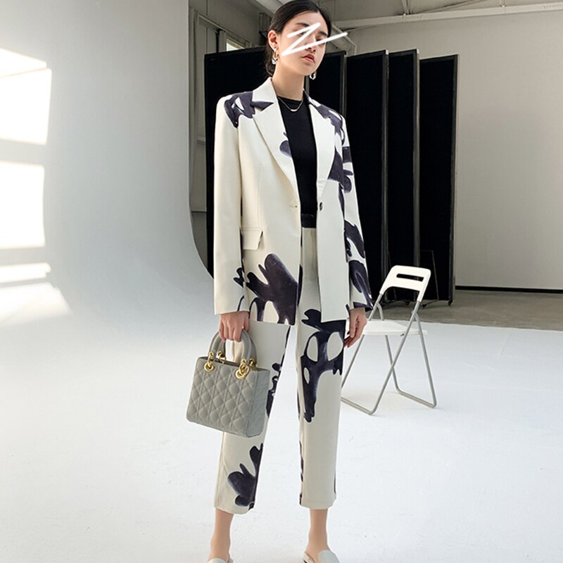 Casual Print Two Piece Set For Women Lapel Patchwork Diamond Tops High Waist Loose Pants Female Sets