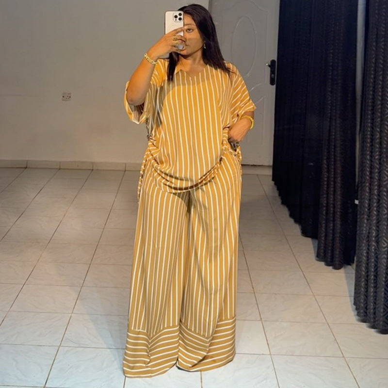 Women's Loose V-neck Striped Short-sleeved Top and Wide-leg Long Pants Set