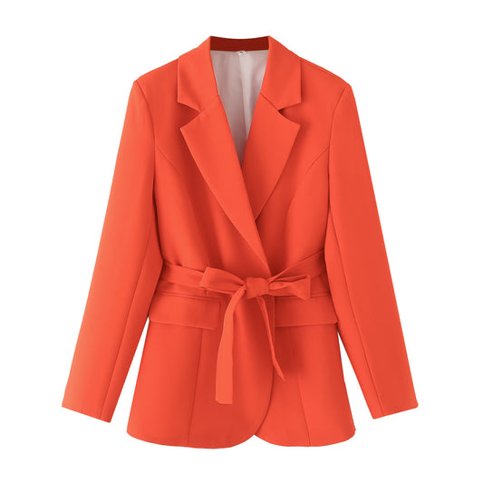 Collar long sleeved waist cinching tie up suit jacket for women