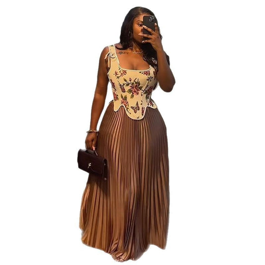 Women's  Waist-Cinching Tank Top and High-Waisted Pleated Skirt Two-Piece Set