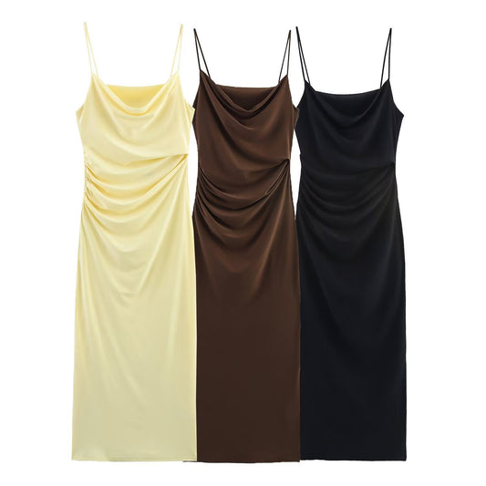 Wrinkled decorative camisole wrapped hip dress for women