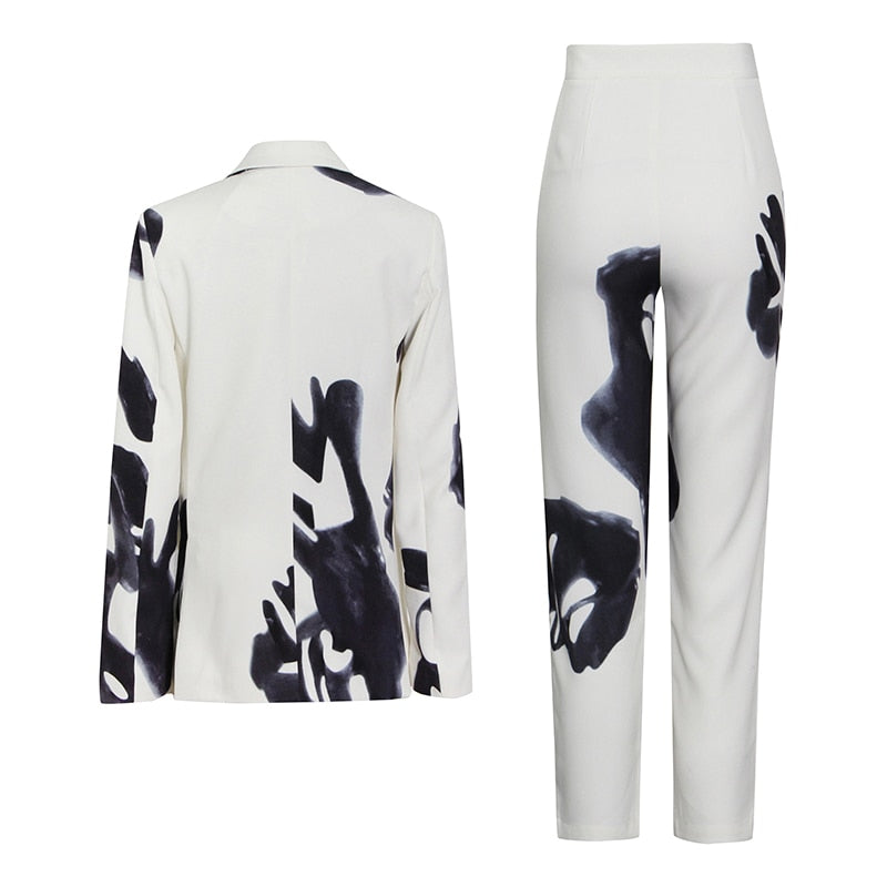 Casual Print Two Piece Set For Women Lapel Patchwork Diamond Tops High Waist Loose Pants Female Sets