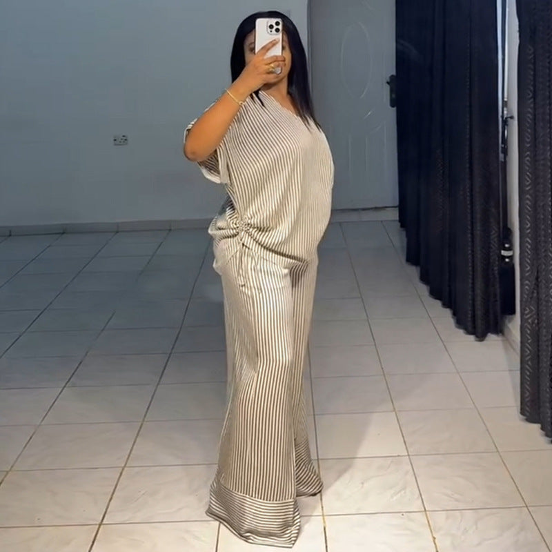 Women's Loose V-neck Striped Short-sleeved Top and Wide-leg Long Pants Set