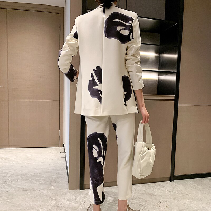 Casual Print Two Piece Set For Women Lapel Patchwork Diamond Tops High Waist Loose Pants Female Sets