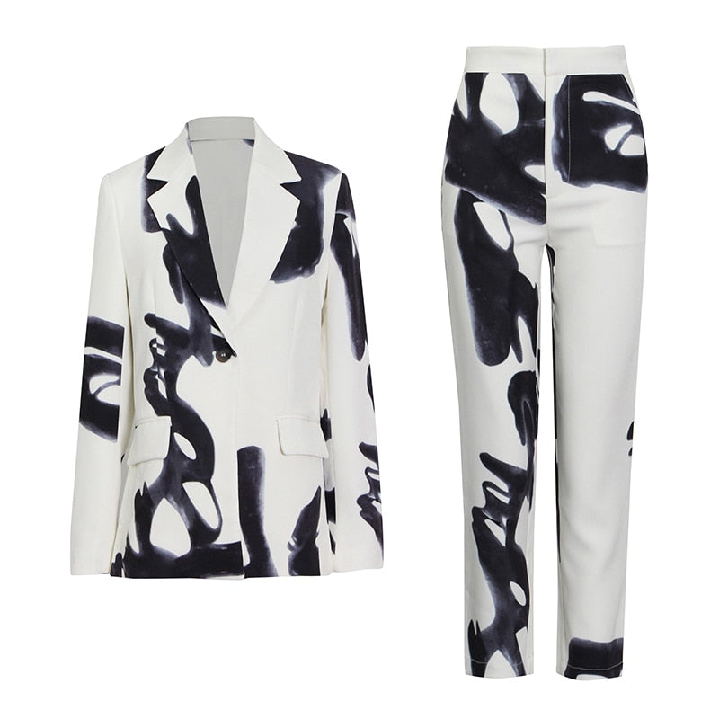 Casual Print Two Piece Set For Women Lapel Patchwork Diamond Tops High Waist Loose Pants Female Sets