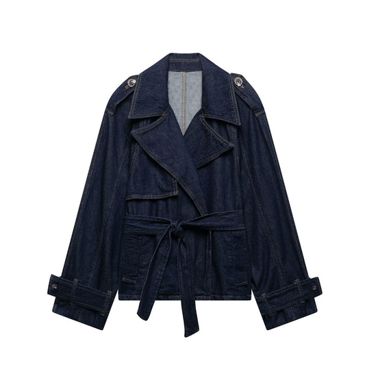 Collar long sleeved drawstring denim trench coat for women
