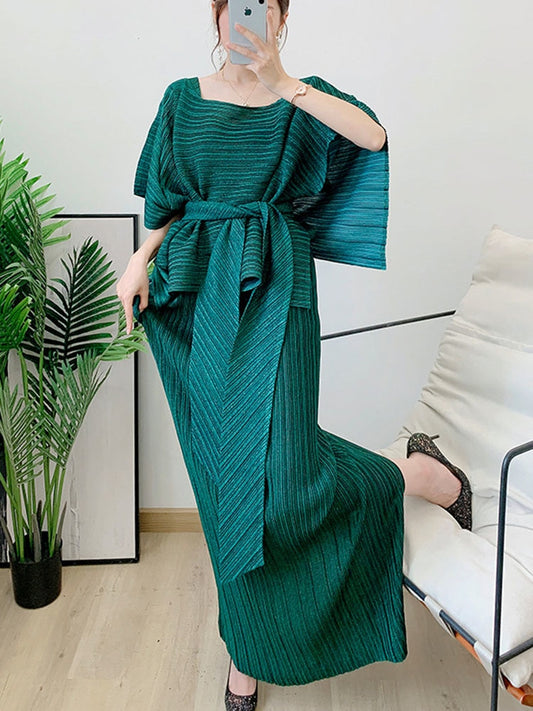 Two Pieces Pleated Skirt Set For Women Batwing Sleeves Loose Top With Long Length Skirts Female Elegant Clothing